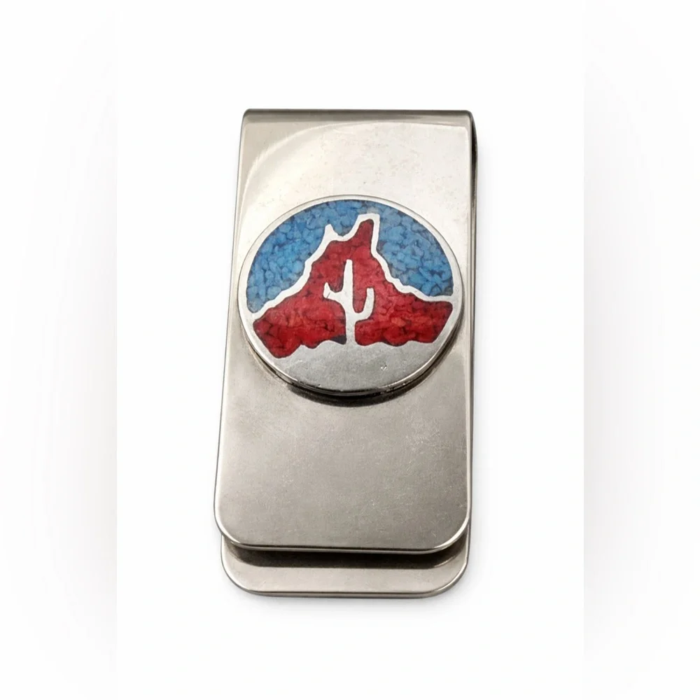 Southwestern Desert Inlay Money Clip Nickel Silver Cactus Mountain Design